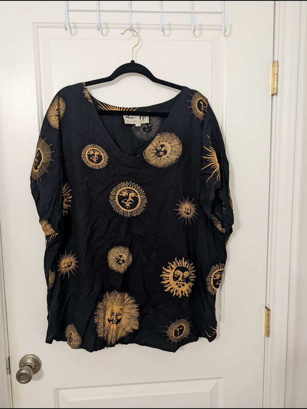 Vintage We Be Bop Sun Face Celestial Black Rayon Tunic Top Size 3X